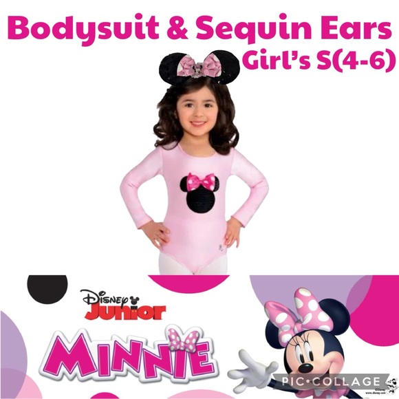 ✨Disney Junior✨Minnie Mouse✨Girl’s Cosplay Bodysuit & Sequin Ears✨Size S(4-6)✨ - Picture 1 of 15